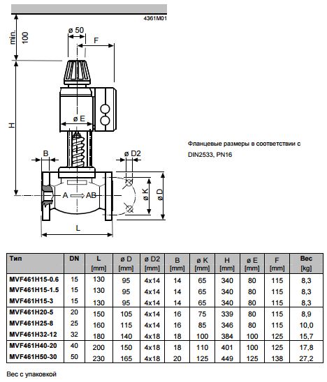 Размеры магнитного клапана Siemens MVF461H15-3
