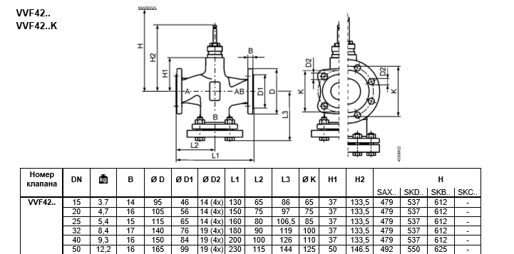 Размеры клапана регулирующего Siemens VVF42.50-40
